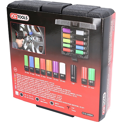Boîte à outils noire avec douilles colorées. Un homme visse un pneu de voiture. Logo KS Tools, différentes tailles.